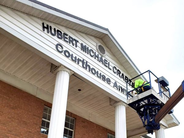 Courthouse Annex sign in Portsmouth Ohio dedicated in memory of Scioto County Commissioner Mike Crabtree built by Sun Sign Company