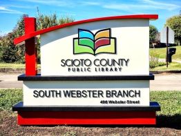 Aluminum Monument Sign built by Sun Sign Company for the entrance to the South Webster, Ohio branch of the Scioto County Public Library