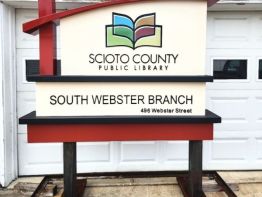 Check out the stud mounted acrylic lettering  and steel posts on this Aluminum Monument Sign built by Sun Sign Company for the entrance to the South Webster, Ohio branch of the Scioto County Public Library