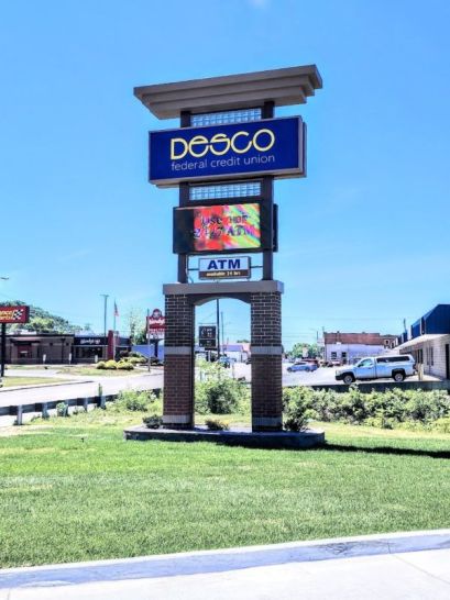 36' Pylon Sign with LED message boards built by Sun Sign Company for Desco Lucasville, OH